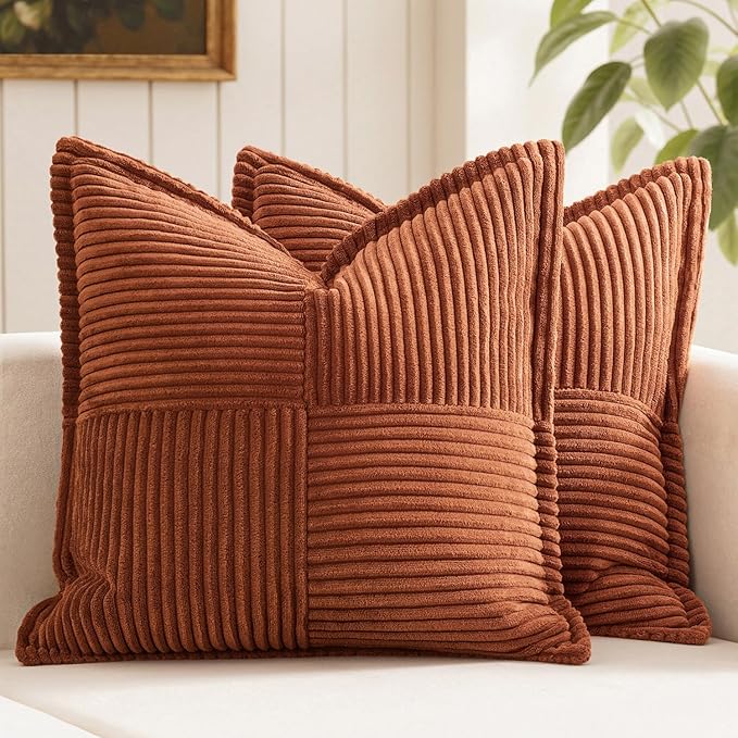 MIULEE Fall Dark Rust Decorative Throw Pillow Covers for Couch Bed Livingroom 18x18 Inch Set of 2 Boho Accent Throw Pllows Broadside Striped Patchwork Soft Corduroy Pillowcases, Terracotta by MIULEE