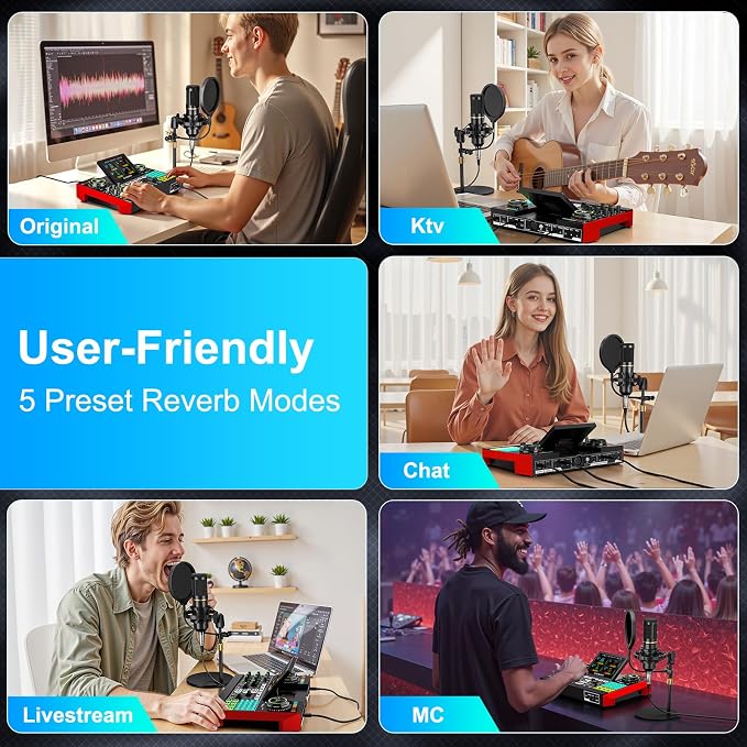Podcast Microphone Bundle with Live Sound Card Audio Mixer, Podcast Equipment Bundle with 3.5mm Condenser Microphone for Pc/Phone Live Streaming Singing Gaming, Sound Board with Voice Changer, Denoise - Image 4