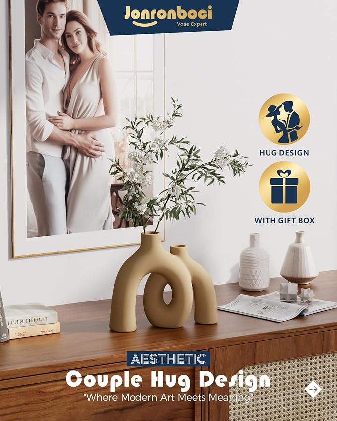 Hug Donut Decorative Vase Set - Tan Modern Rustic Farmhouse Style Vases Home Decor,Matte Ceramic Decorations for Living Room Shelf, Bookshelf Mantle Entryway Table Centerpiece or Console Décor(Brown) - Image 3