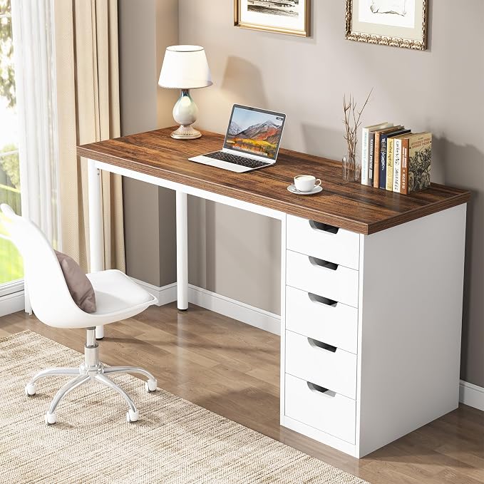 Tribesigns Computer Desk with 5 Drawers, 47 inches Rustic Brown Home Office Desk with Storage, Modern Simple Laptop Desk Study Writing Table for Small Spaces (1, Brown+White) - Image 5