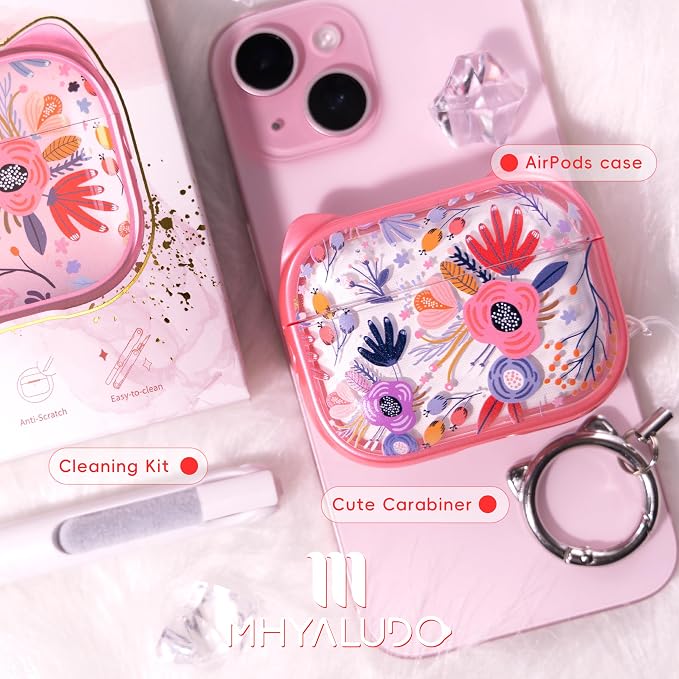 for AirPods Pro 2 Case with Cleaning Kit, Cute Cat Ear Print Design & Cute Buckle for Girls, Phone Holder & Top Safe Lock Buckle Design for AirPods Pro 2nd/1st Gen case, Clear Flowers - Image 7