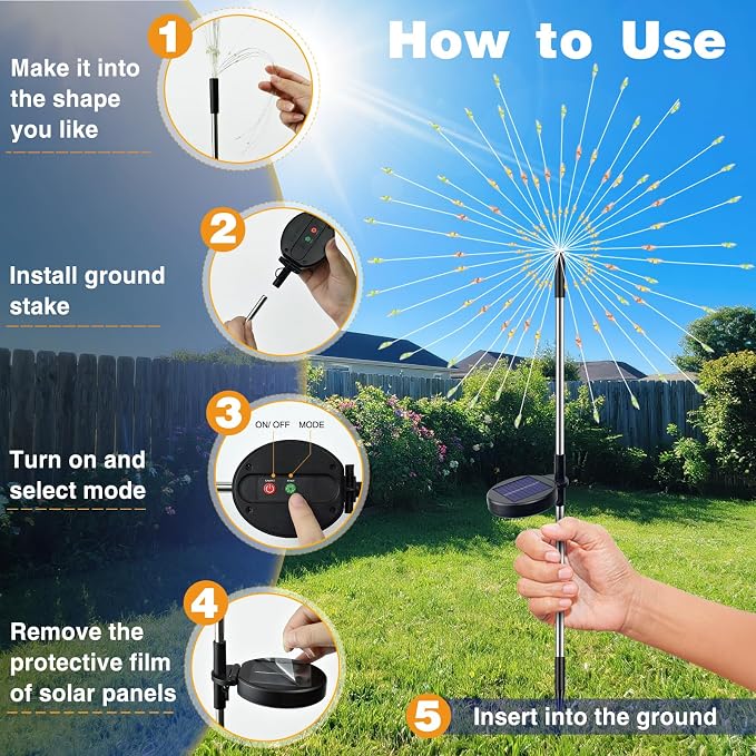 btfarm 1 Pack Solar Garden Lights Outdoor, 8 Modes Firework Lights Solar Powered, Waterproof Twinkle Fairy Light Outside for Yard Patio Pathway Pool Christmas Party Decorative, Warm White - Image 8