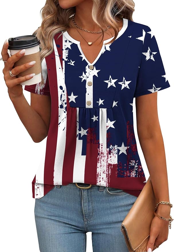 Zeagoo Womens Short Sleeve Tops Summer Henley V-Neck Tshirts Casual Pleated Blouse Dressy Loose Floral Basic Tee - Image 2