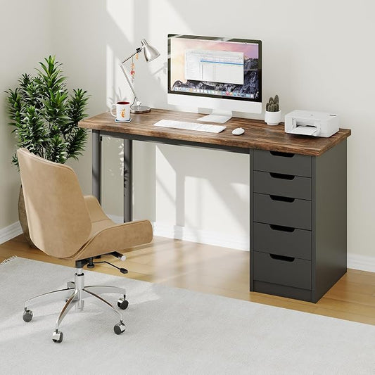 Garvee Computer Desk with 5 Drawers, 47 Inch Modern Simple Study Writing Desk with Storage, Rustic Home Office Desk, Reversible Computer Desk for Small Spaces, Apartments, Dorms, Brown+Black by Garvee