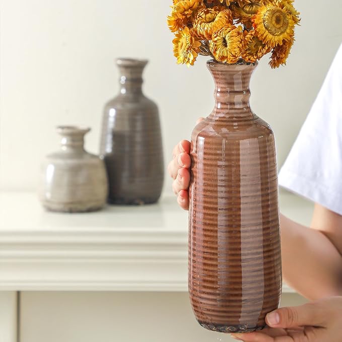 Ceramic Vases Set of 3, Neutral Rustic Farmhouse Vases Home Decor Decorative Flower Vase Modern Boho Pampass Vase for Table Mantel Entryway Shelf Living Room Kitchen Bathroom - Brown - Image 4