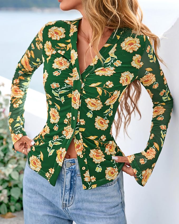 BTFBM Button Down Shirts for Women 2026 Fall Boho Tops V Neck Long Sleeve Blouses Ruched Mesh Fitted Fashion Clothing - Image 8