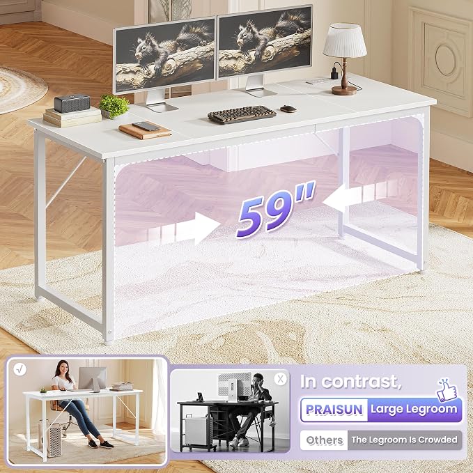 PRAISUN 63 X 24 Inch Computer Desk, Power Outlets, USB-C, White | Office Desk with 4 AC Outlets, USB & USB-C, Sturdy Metal Frame, Spacious Desktop for Work, Writing, Study & Gaming - Image 6