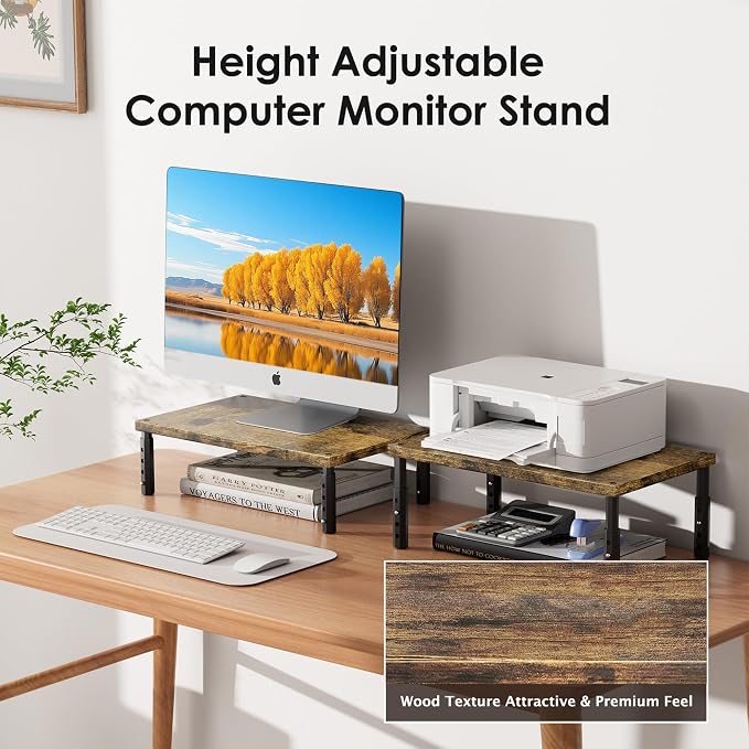 ECOLOVI Adjustable Wood Computer Monitor Stand Riser, Office Desk Organizer and Accessories for Monitor, Laptop, PC, Printer, Office Desk Accessories Workspace Organizer for Home Office Supplies, Brown - Image 3