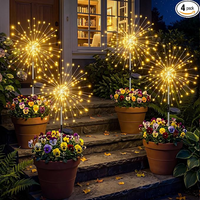 btfarm 4 Pack 120 LED Solar Garden Lights Outdoor, 8 Modes Firework Lights Solar Powered, Waterproof Twinkle Fairy Light Outside for Yard Patio Pathway Pool Christmas Party Decorative, Warm White by btfarmdecorativelighting