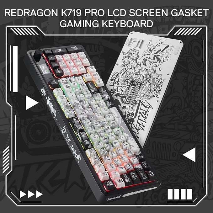 Redragon K719 PRO Wireless 95-Key Gasket Gaming Keyboard, TFT Screen & Knob | Easy-Control LED Info Display, 0-Delay Tri-Mode, Cushioned 5-Layer Noise Dampening for Creamy Thocky Sound, Practical 95 keys - Image 9