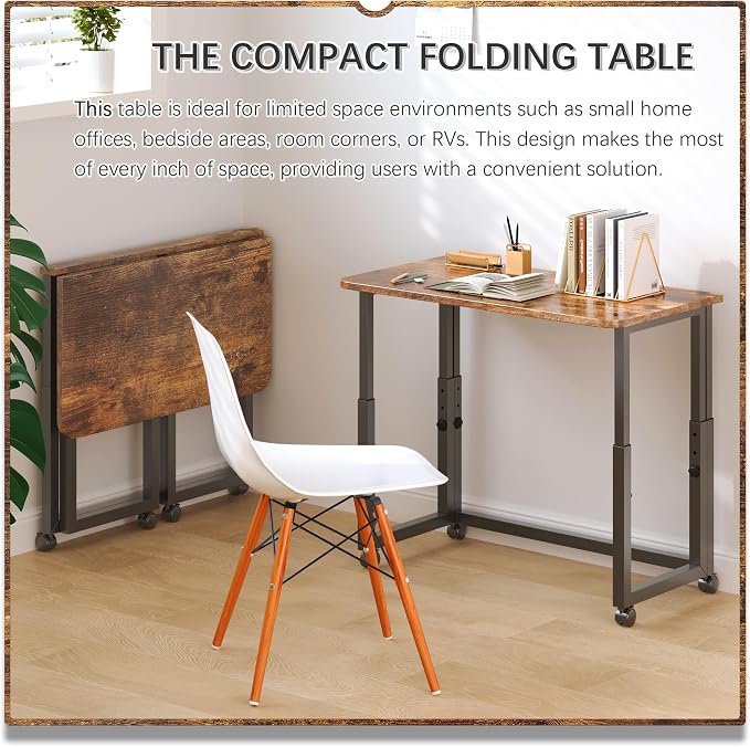 4NM No Tool Assembly 31.5" Small Desk, Folding Portable Desk with Wheels, Adjustable Height Foldable Computer Home Office Desks, Collapsible Study Writing Table for Space Saving Bedroom - Rustic Brown - Image 3