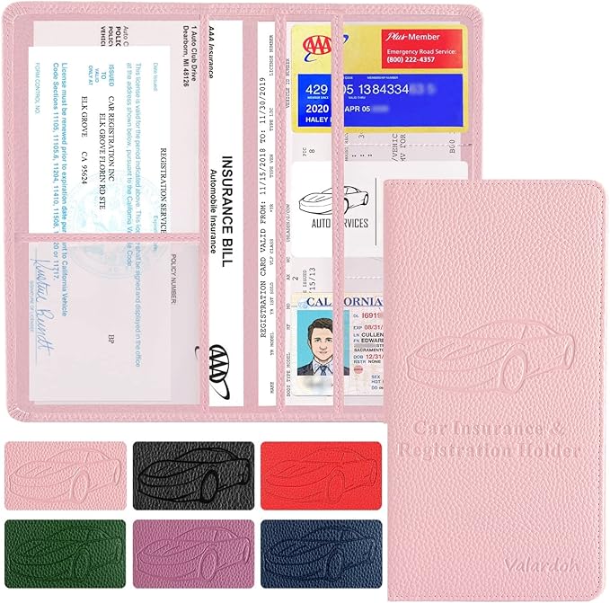 Valardoh Premium Car Registration and Insurance Card Holder, Car Document Holder for Cards, Driver License & other Essential Documents (Pink) by Valardoh