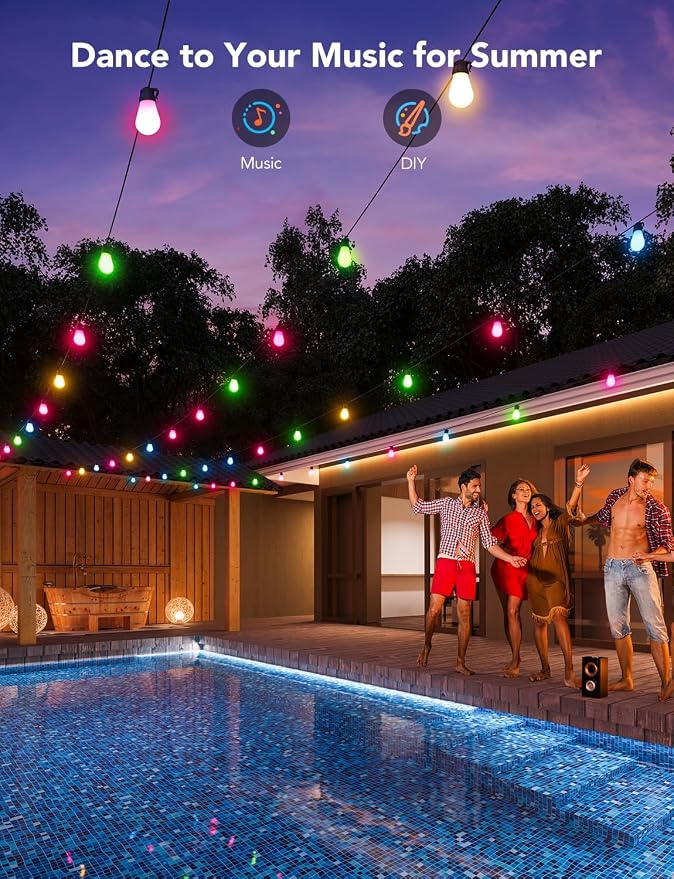 Govee Smart Outdoor String Lights H7015, 48ft RGBIC Outdoor Lights with 15 Dimmable LED Bulbs, IP65 Waterproof, Color Changing Warm White Lights with 47 Scene Modes for Patio, Backyard, App Control | 15 Dimmable LED Bulbs Outdoor Lights with Color Chan... - Image 5