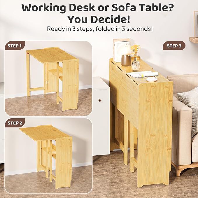 Bamboo Folding Desk for Small Spaces, Small Computer Foldable Desk, Natural | Space Saving Desk for Bedroom Home Office, Mid Century Sofa Table for Couch, Writing Work Office Desk - Image 8