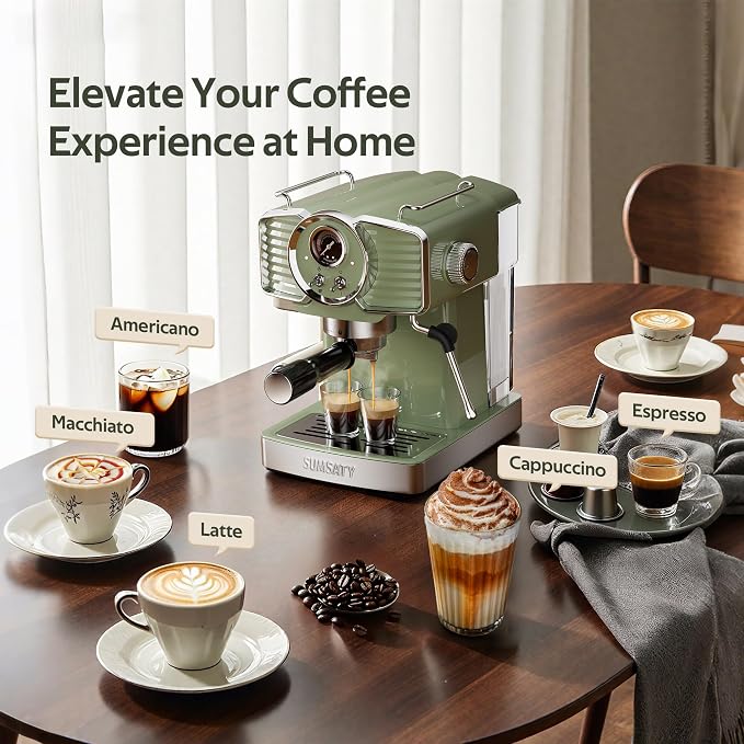 SUMSATY 20 Bar Espresso Machine Retro with Powerful Milk Frother, Green | Visual Pressure Gauge Espresso Coffee Machine 1350W Fast Heating Home Barista for Cappucino Latte Maker, 61oz Water Tank - Image 5
