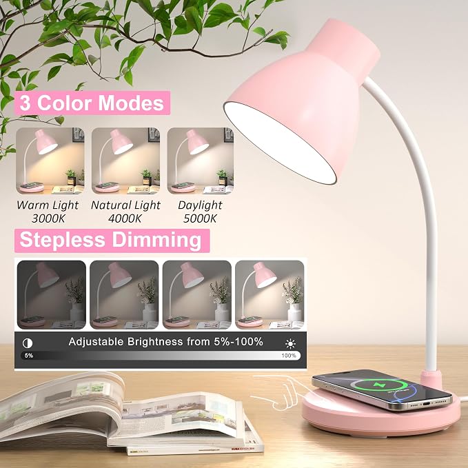 LED Desk Lamp for Home Office with Wireless Charger, Pink | 3 Color Modes Dimmable Eye-Caring Study Reading Dorm Desk Lamp, 360° Flexible Arm Table Lamp for College Dorm Room, 800 Lumen - Image 3