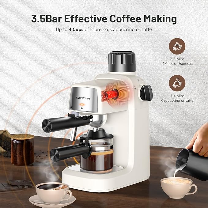 KEENSTAR 3.5Bar Espresso Machine with Milk Frother, 800W Compact Espresso and Cappuccino Maker, Preheating Function, 4-Cup Espresso Maker for Latte or Cappuccino, Gift for Coffee Lovers Upgrade | Milk Frother, 800W Fast Heating, Brew Latte & Cappuccino... - Image 2