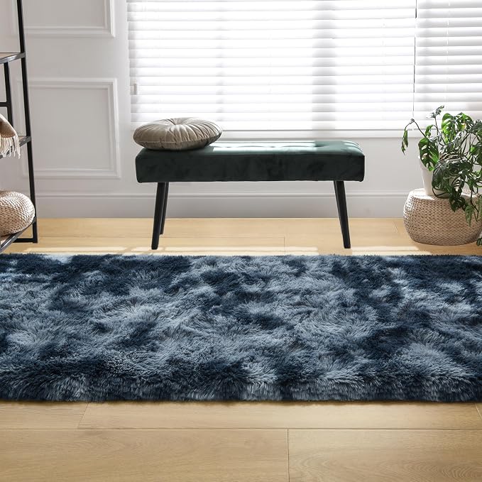 Tepook Soft Runner Rugs for Bedroom Living Room, Fluffy Plush Rug 2x6 for Kids Girls Room, Shag Furry Area Rug Non Slip Carpet for Nursery Children Dorm Home Decor, Tie-dye Dark Blue - Image 5