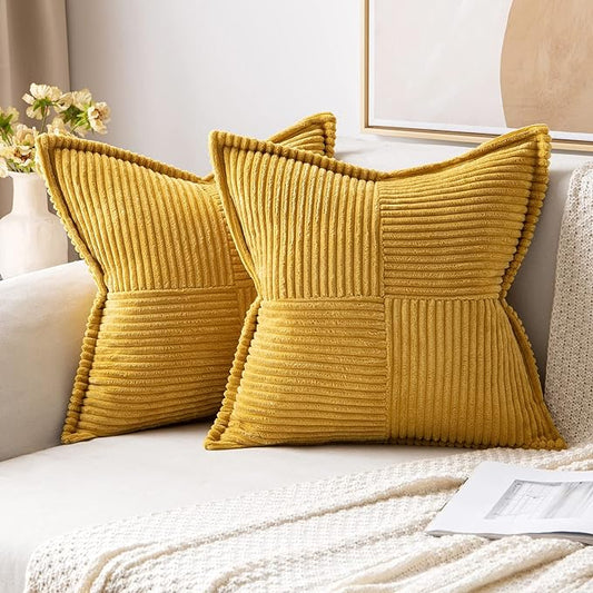 MIULEE Decorative Throw Pillow Covers for Couch Bed Livingroom 18x18 Inch Set of 2 Fall Mustard Yellow Boho Accent Throw Pllows Broadside Striped Patchwork Soft Corduroy Pillowcases by MIULEE