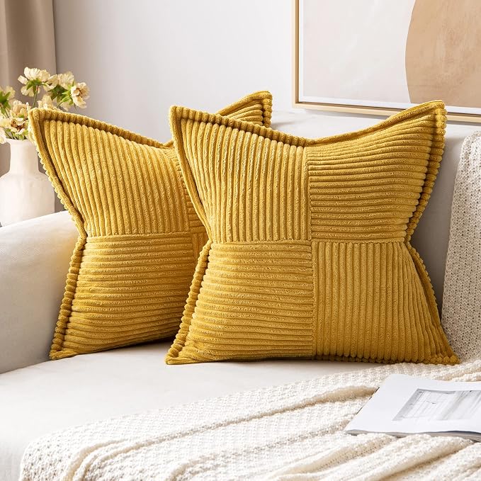 MIULEE Decorative Throw Pillow Covers for Couch Bed Livingroom 20x20 Inch Set of 2 Fall Mustard Yellow Boho Accent Throw Pllows Broadside Striped Patchwork Soft Corduroy Pillowcases by MIULEE