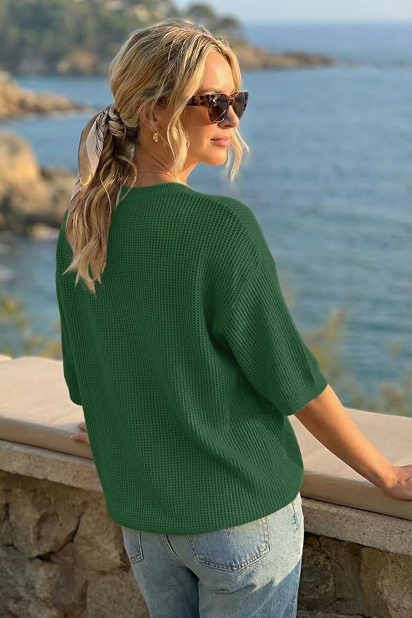 Arach&Cloz Womens Summer 100% Cotton Oversized Crochet Tops 3/4 Length Sleeve Sweater Hollow Out Casual Blouses 2026 - Image 3