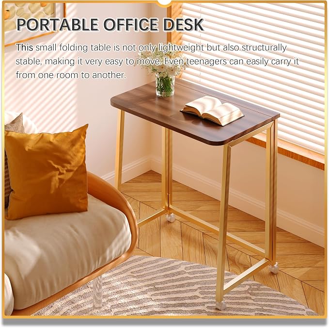 4NM 23.6" Mobile Small Folding Desk, Foldable Rolling Computer Home Office Desk, Study Writing Table for Small Space Saving Bedroom, with Wheels - Brown and Gold - Image 4