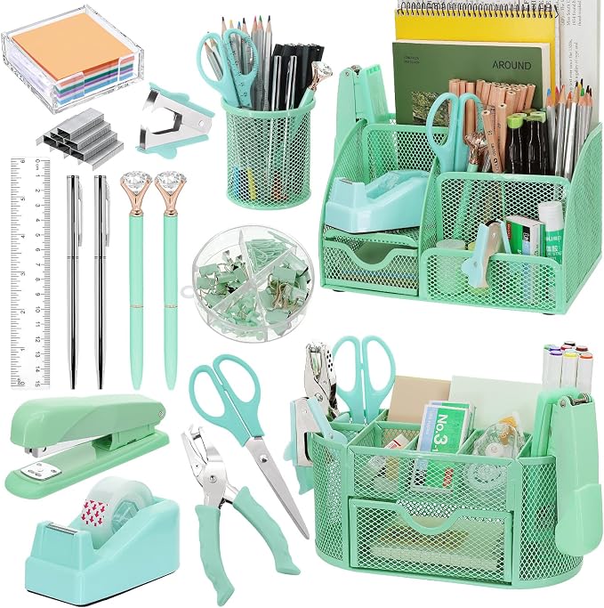 17 in 1 Green Desk Organizers and Accessories Set, 3 Office Desk Supplies Storage Organization, 4 Pens, Stapler, Staples & Remover, Tape & Dispenser, Scissors, Ruler, Clips, Hole Punch, Back to School by Froidesente