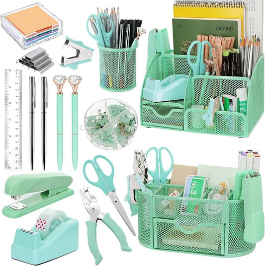 17 in 1 Green Desk Organizers and Accessories Set, 3 Office Desk Supplies Storage Organization, 4 Pens, Stapler, Staples & Remover, Tape & Dispenser, Scissors, Ruler, Clips, Hole Punch, Back to School by Froidesente