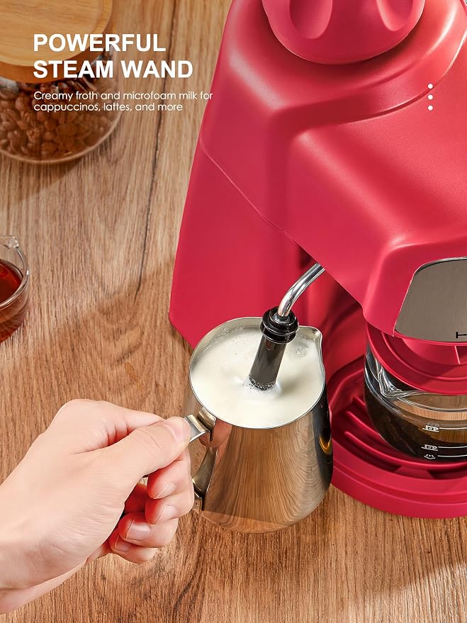 Ihomekee Espresso Machine, 3.5Bar Espresso and Cappuccino Machine | Preheating Function, 4 Cup Coffee Maker with Milk Frothing Function and Steam Wand (Red) - Image 6
