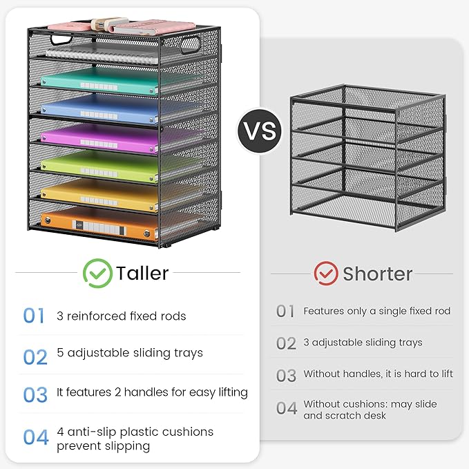 Lavatino 2 Pack 8-Tier Office Desk File Organizer, Letter Tray Paper Organizer with Handle, Including 5 Adjustable Slide Trays for Organizing Desktop Workspace Accessories and Supplies (Black Mesh) - Image 6