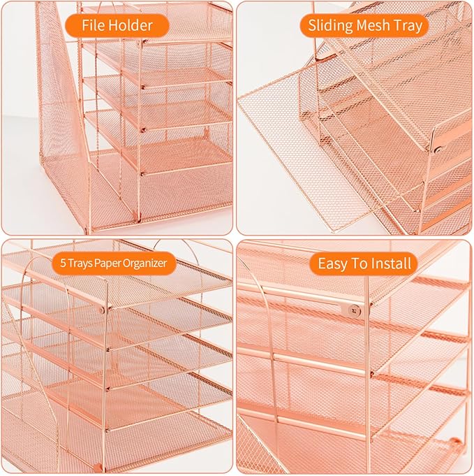 LEKETREE Desk Organizers and Accessories, 5-Tier Paper Letter Tray Organizer with File Holder, Desktop Organizer for Office Supplies (Rose Gold) - Image 3