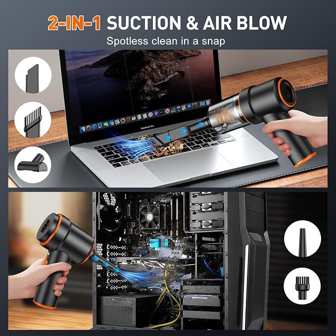 KMM Handheld Car Vacuum Cleaner, 9000PA Vacuum Cleaner & Air Duster, 120W High Power Vacuum Portable Cordless, Hand Held Vacuum Rechargeable with Multi-Nozzles & LED Light for Home, Car, Office - Image 3