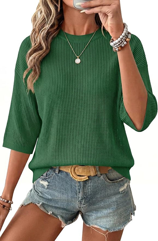 Arach&Cloz Womens Summer 100% Cotton Oversized Crochet Tops 3/4 Length Sleeve Sweater Hollow Out Casual Blouses 2026 by ArachClozFocusonQuality