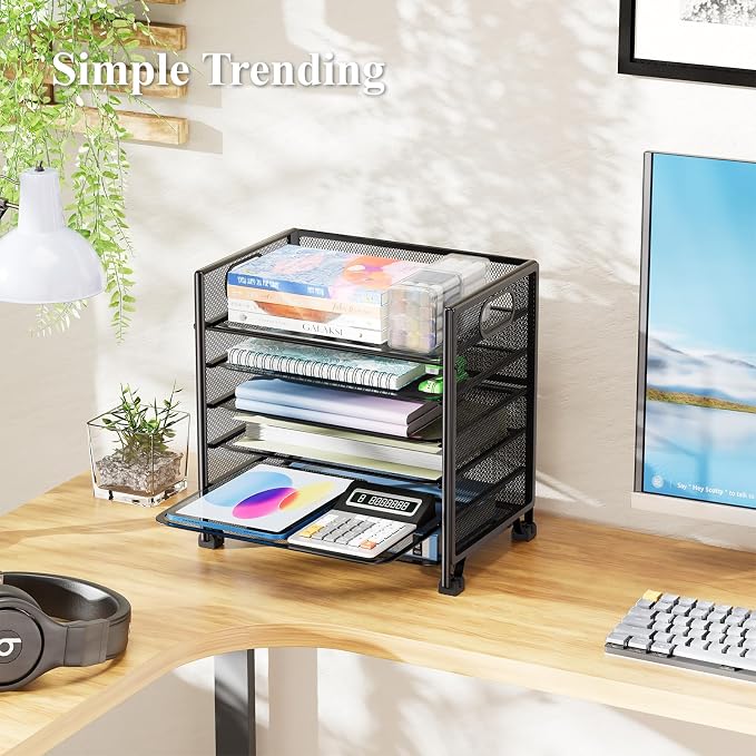 Simple Trending 6-Tier Paper Tray Organizer, File Organizer for Desk, Black | Letter Tray Holder with Handle. Sturdy Metal Frame. Non-slip Feet. Black for Office Home School. 13.35"L x 9.35"W x 15.6"H - Image 3