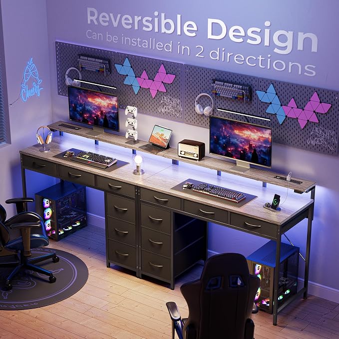 Huuger Gaming Desk with 6 Drawers, Computer Desk with LED Lights Power Outlets and Type-C, 39 Inch Office Desk with Storage, Monitor Stand, Writing & Work Desk for Home Office, Bedroom, Grey - Image 8