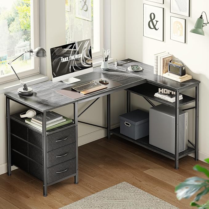 Huuger L Shaped Office Desk with Power Outlets, 47 Inch Computer Desk with 3 Drawers, Shelves, for Gaming, Corner Work, Home Office, Study, Grey - Image 2