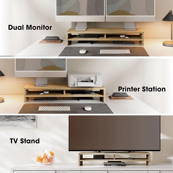 Fenge 31.5 Inch Dual Monitor Stand Riser for Desk, Oak | Wooden Desk Shelf, 2-Tier Open Storage Compartment, for PC Laptop Screen Printer, Home Office Desktop Organizer - Image 6