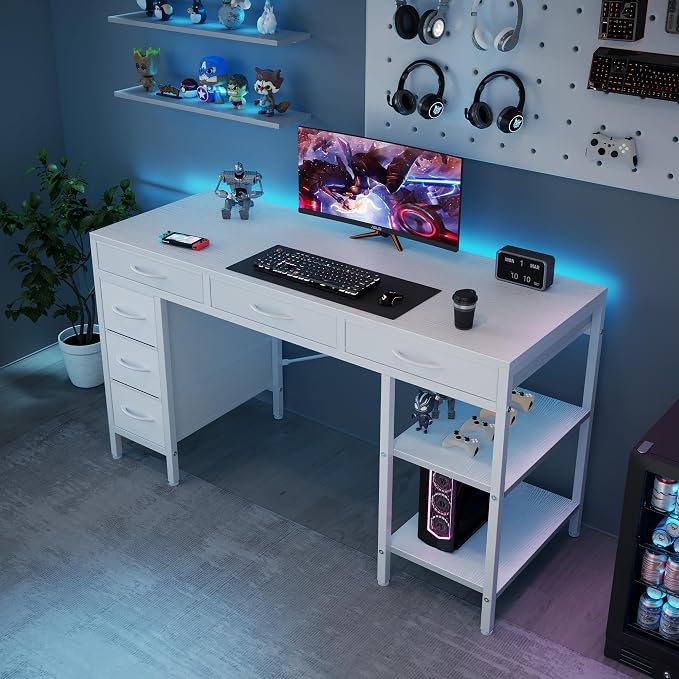 Sweetcrispy 55" Computer Desk with 6 Fabric Drawers & Storage Shelves | Reversible Gaming Desk, Office Desk, Computer Workstation, Corner Desk with Storag, Home Office, Living Room, White - Image 4