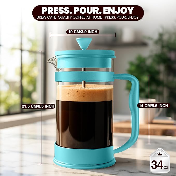 Utopia Kitchen Borosilicate Glass French Press Coffee Maker 34 Oz, Aqua | Heat-Resistant Cafetiere & Tea Maker, Thickened Glass Coffee Press for Travel and Camping - Image 2