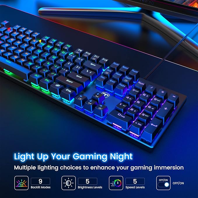 RisoPhy Mechanical Gaming Keyboard, RGB 104 Keys Ultra-Slim LED Backlit USB Wired Keyboard with Blue Switch, Durable Abs Keycaps/Anti-Ghosting/Spill-Resistant Computer Keyboard for PC Mac Xbox Gamer | 104 Keys, RGB LED Backlit, Durable Abs Keycaps, Ant... - Image 2