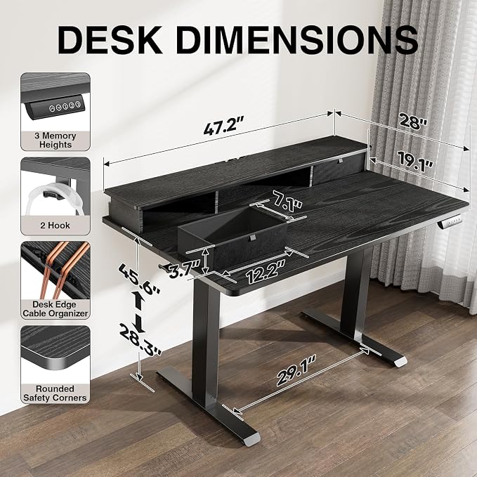 Veken 47x28 in Electric Standing Desk with Drawers, Adjustable Table, Black | Stand up Computer Desk for Home Office, Work & Study, with Storage, 3 Memory Presets, Cable Organizer, Hook, and Quiet Lift. - Image 3