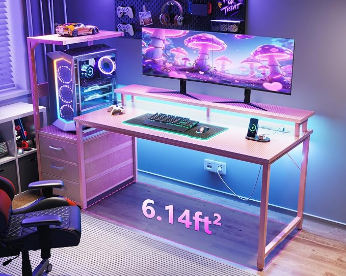 AODK 59 Inch Gaming Desk with USB Charging Ports & LED Light- Reversible Computer Desk with Storage Shelves & Monitor Stand, Modern Gamer Desk Table with Fabric Drawers, Pink - Image 2