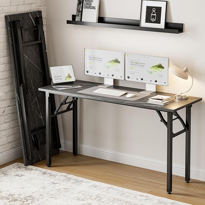 Frylr Small Folding Computer Desk – Portable 55.1 Inch Foldable Laptop Table, Collapsible and Compact for Easy and Fast Setup, Lightweight for Small Spaces, Home Craft and Study Use, Marble Greige by Frylr