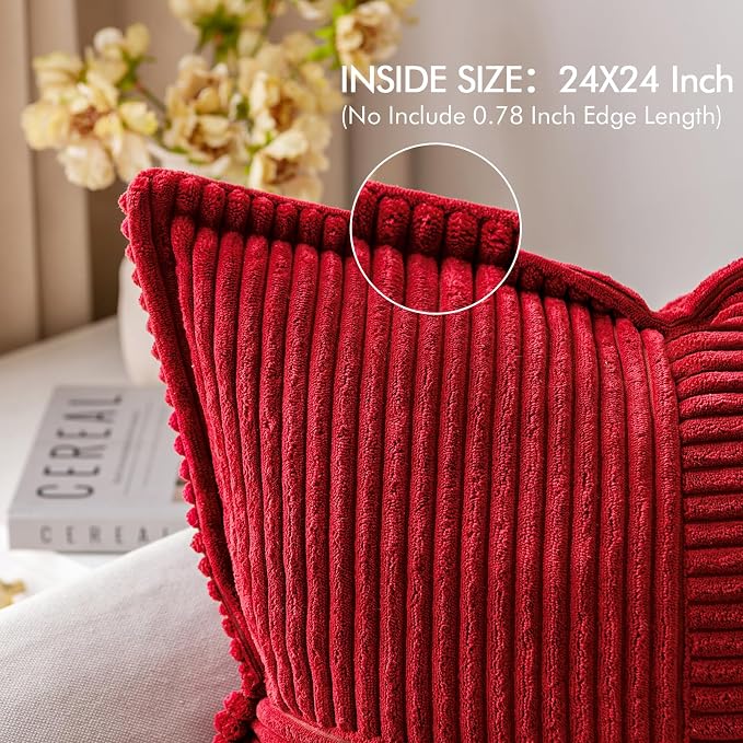 MIULEE Decorative Euro Sham Throw Pillow Covers for Couch Bed Livingroom 24x24 Inch Set of 2 Red Boho Accent Throw Pllows Broadside Striped Patchwork Soft Corduroy Pillowcases - Image 4