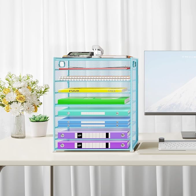 Cawukege 9 Tier Paper Organizer with Handle, Large Capacity Desk Organizer Mesh Paper Letter Tray File Folder Document Sorter for Classroom and Office Accessories Organization- Blue (2 Pack) - Image 6
