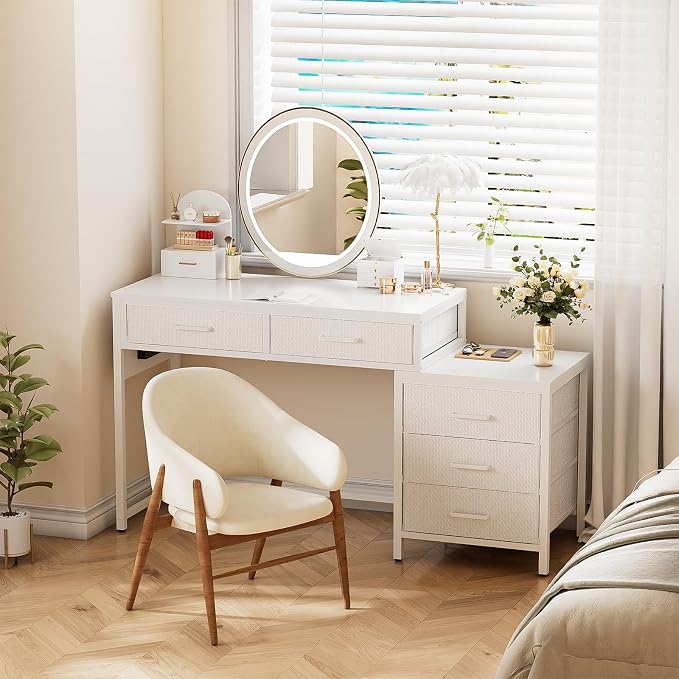 Unikito Reversible Computer Desk with 5 Drawers, Sturdy Office Desk with Power Outlets and USB Ports, Study Writing Table with File Cabinet & Printer Stand, Vanity Desk with Storage, White - Image 6