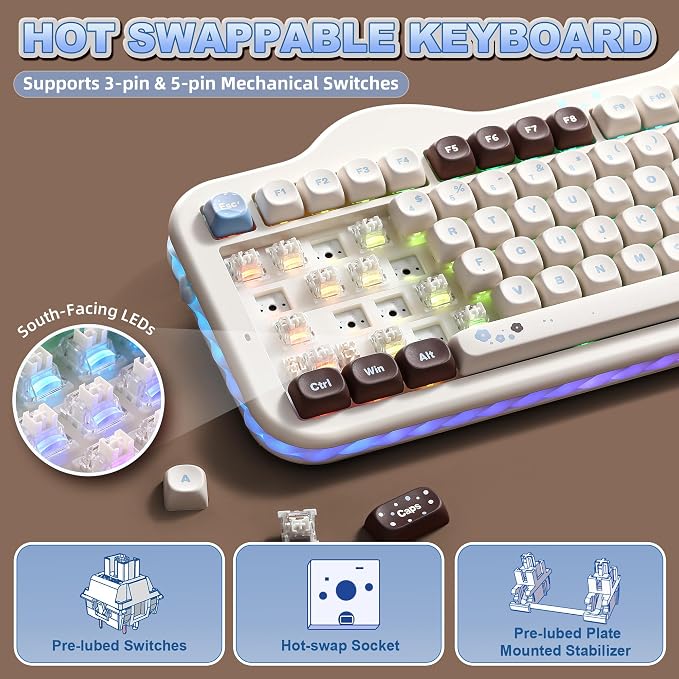 YUNZII C98 Cute Cake Wireless Mechanical Keyboard (Choco, Milk Switch) | 99 Keys with Number Pad, Hot Swap, PBT MOA Keycaps, BT5.0/2.4G/USB-C, Gasket Mount, Custom RGB Backlit for Win/Mac - Image 4
