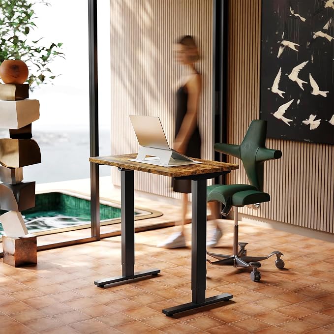 HUANUO 32" Small Electric Standing Desk Adjustable Height, 4 Memory Height Settings, Sit Stand Up Desk for Home Office & Computer Workstation, Vintage Brown - Image 2