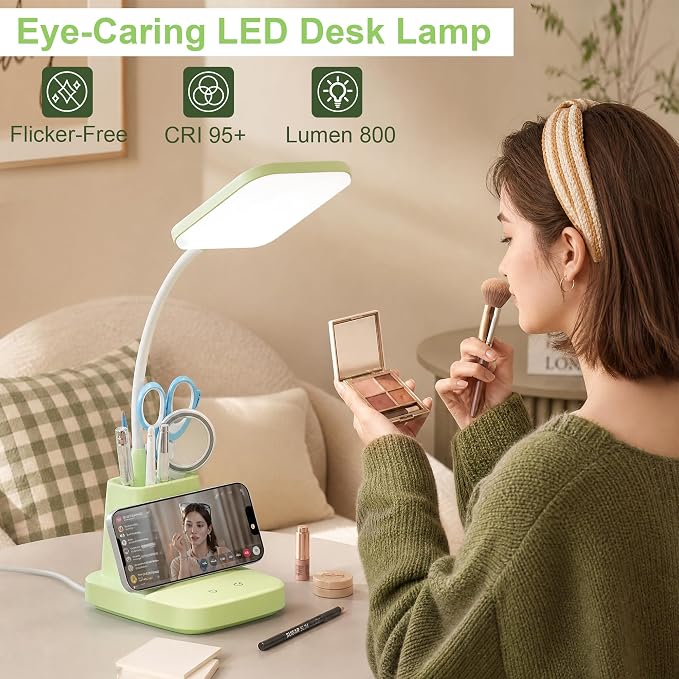 LED Desk Lamp with 10W Wireless Charging & Pen Holder, Light Green | CRI 95, 800LM, Stepless Dimming, 3 Modes, 360°Flexible Arm, Touch, Study Table Lamp for Home Office, Dorm Room, with Adapter - Image 6