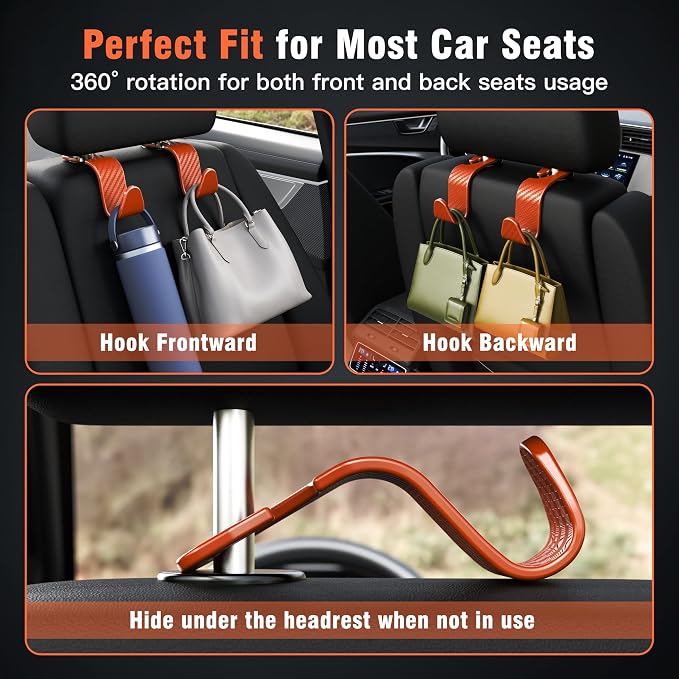 Amooca Car Seat Headrest Hook 4 Pack Hanger Universal Vehicle Car Storage Organizer for Handbag Purse Coat S Type Checkered Orange - Image 4